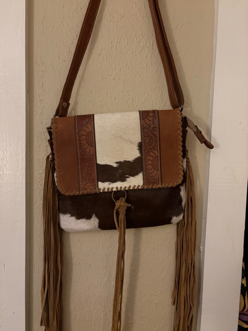 Myra Bag Brown and White Cowhide Fringe Shoulder Bag